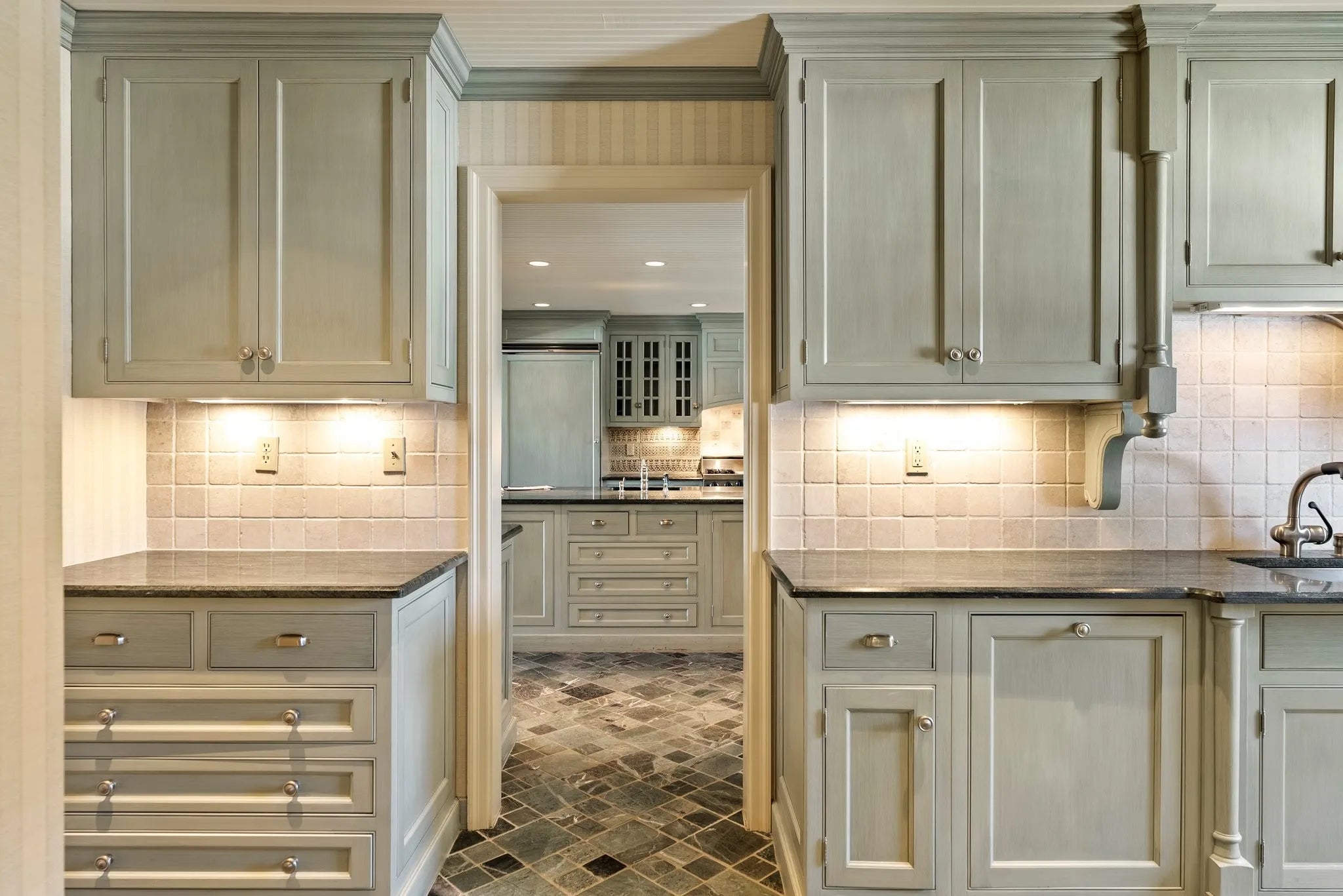 Traditional Washed Out Light Green Butler's Pantry with Granite Countertops and Viking Appliances