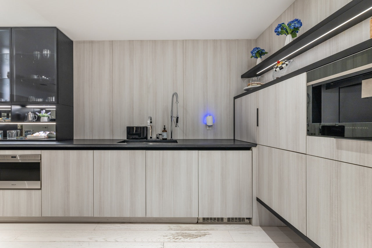 DOCA Modern Wood Veneer Black Kitchen with Island & Appliances