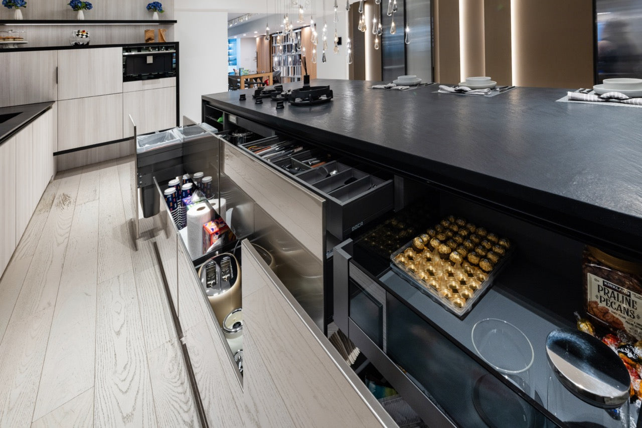 DOCA Modern Wood Veneer Black Kitchen with Island & Appliances