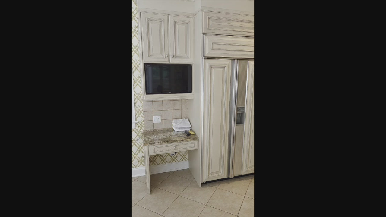 Load video: Seimatic Traditional Light Beige Kitchen with Island, Granite Countertops and Appliances