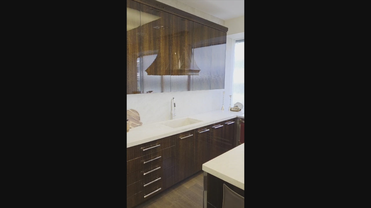 Load video: St. Charles Modern Kitchen with La Cornue Chateau Burgundy Cabinets and Glossy Eucalyptus with La Cornue Grand Palais 180 Rangetop and Custom Hood