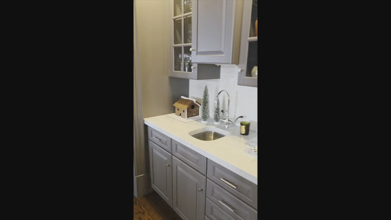 Custom Transitional Dark Grey Butler's Pantry with White Marble Countertops and Sink