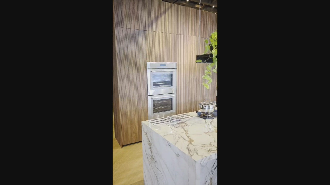 Load video: Key Cucine Modern Wood Veneered Kitchen with Neolith Island, Countertops and Appliances