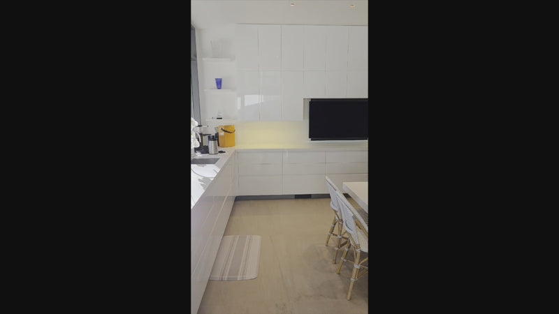 Custom Modern White Gloss Kitchen with Island, Stone Countertops and 60" Wolf Range