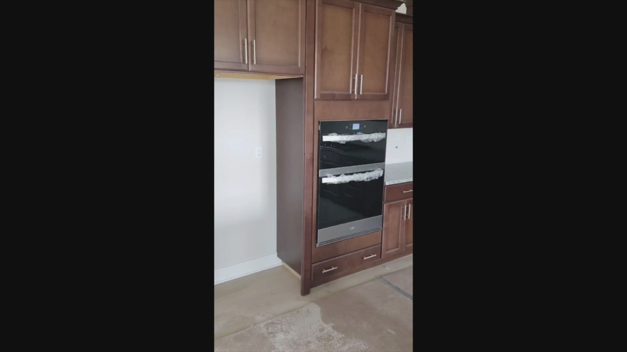 Load video: Century Transitional Dark Brown Wooden Kitchen with Island, Granite Countertops and Appliances