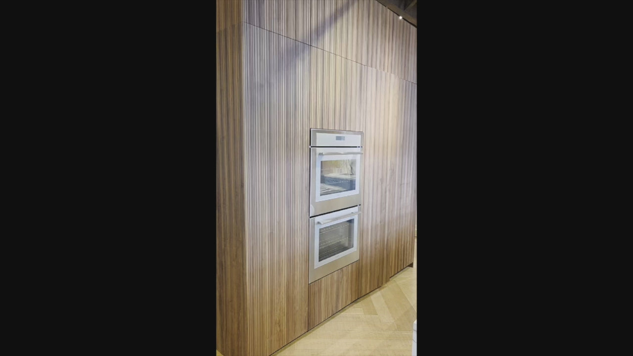 Load video: Key Cucine Modern Wood Veneered Kitchen with Neolith Island, Countertops and Appliances