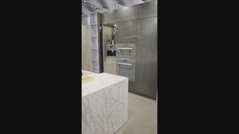 eggersmann Chablis Vintage Oak & Steel Grey Modern Kitchen with Arabescato Waterfall Island and Miele Appliance Suite