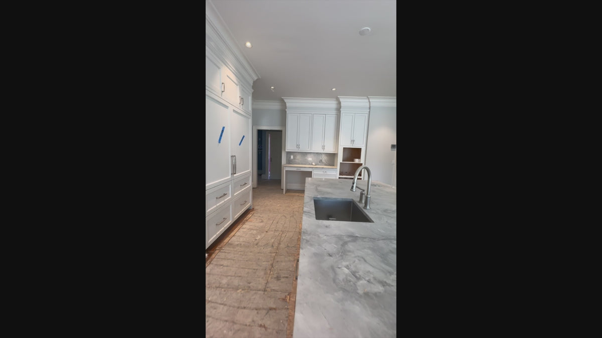 Load video: "The Blenheim" Transitional White Kitchen with Island &amp; Sub-Zero Refrigerators