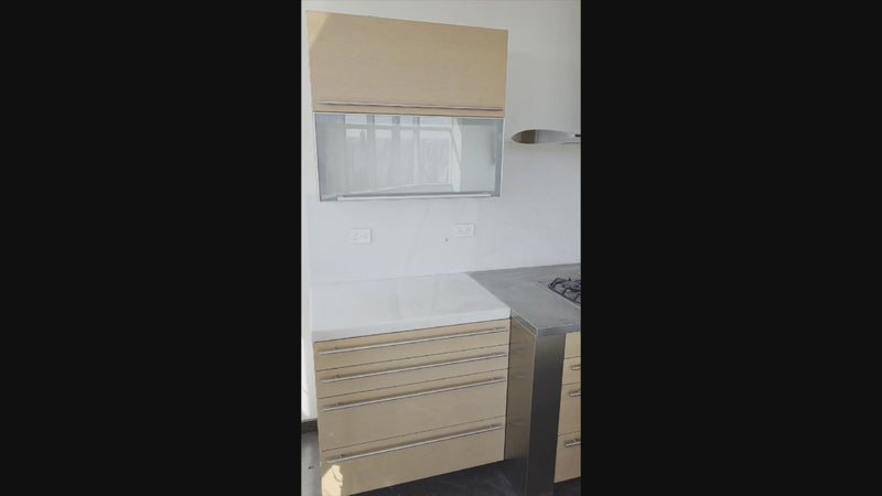 Poggenpohl Modern Light Wood Veneer Kitchen with White Marble Countertops and Appliances