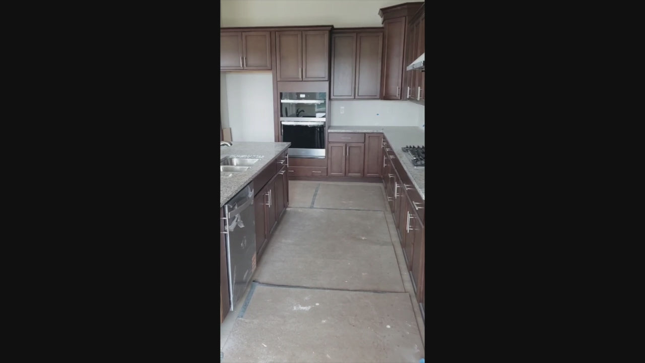 Load video: Century Transitional Dark Brown Wooden Kitchen with Island, Granite Countertops and Appliances