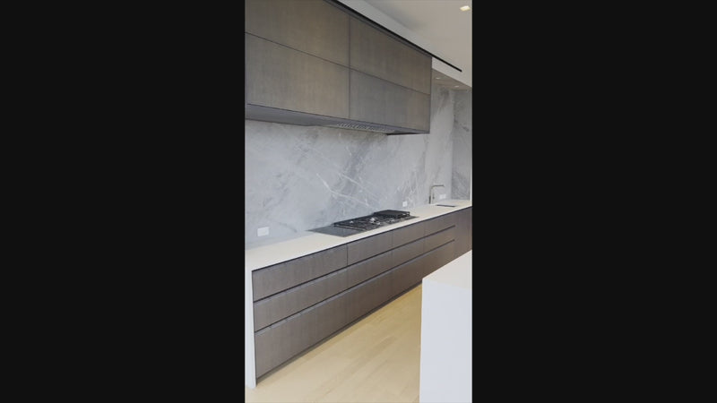 Custom Modern Wood Veneer Kitchen with White Marble Countertops and Wolf & Miele Appliances