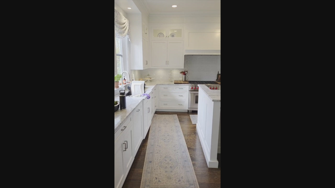Load video: Custom Transitional White Kitchen with Island, Marble Countertop and Sub-Zero &amp; Wolf Appliances