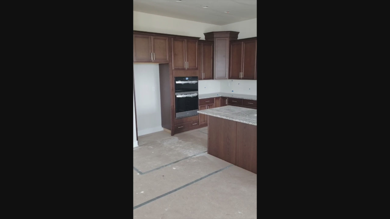 Load video: Century Transitional Dark Brown Wooden Kitchen with Island, Granite Countertops and Appliances