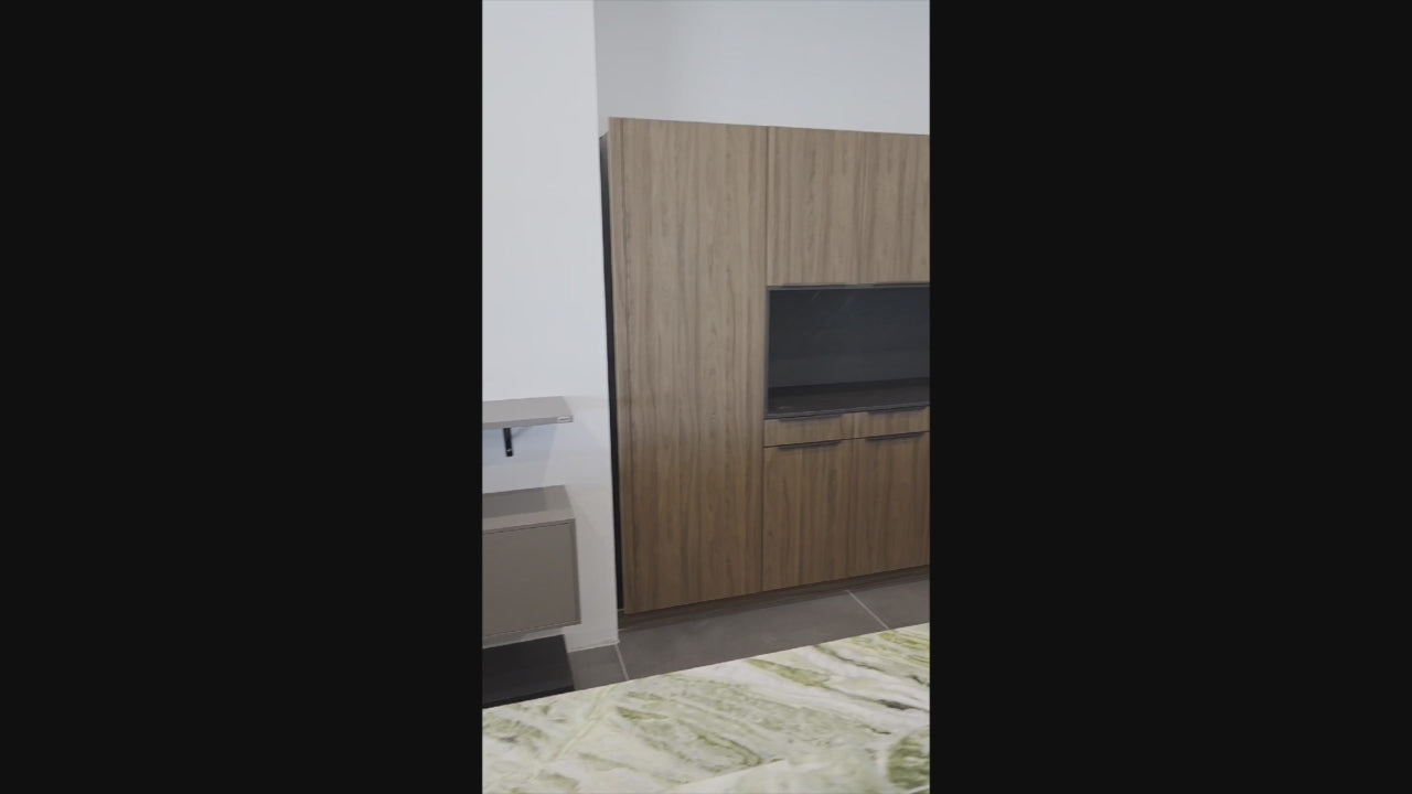 Load video: Häcker Modern Wood-Look Paneled Built-In Dry Bar Wall Unit with Storage