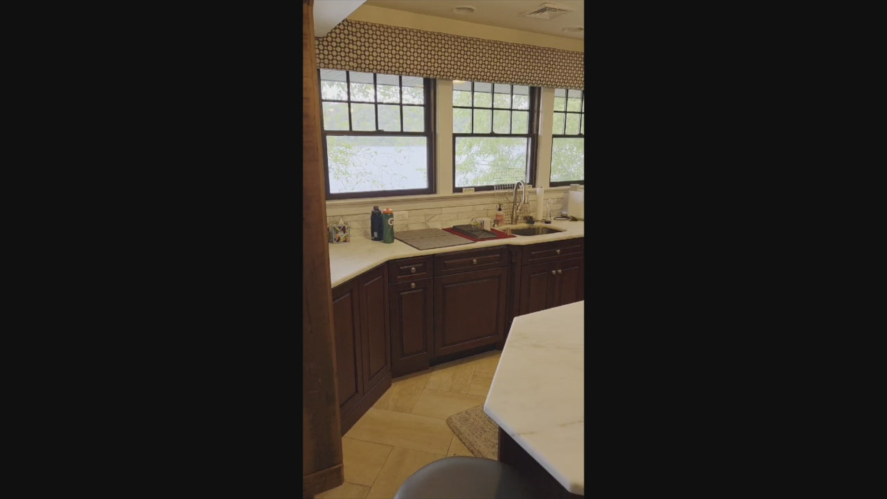 Load video: Custom Traditional Dark Wooden Kitchen with Marble Countertops and Wolf Appliances