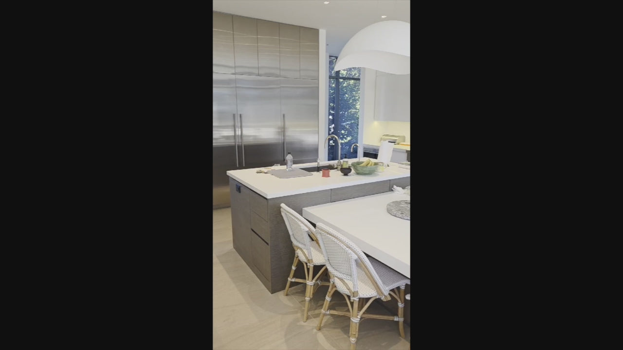 Load video: Custom Modern White Gloss Kitchen with Island, Stone Countertops and 60" Wolf Range