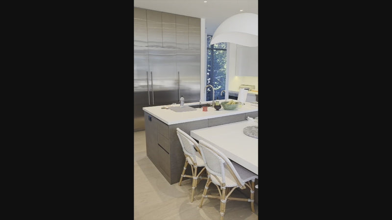 Custom Modern White Gloss Kitchen with Island, Stone Countertops and 60" Wolf Range