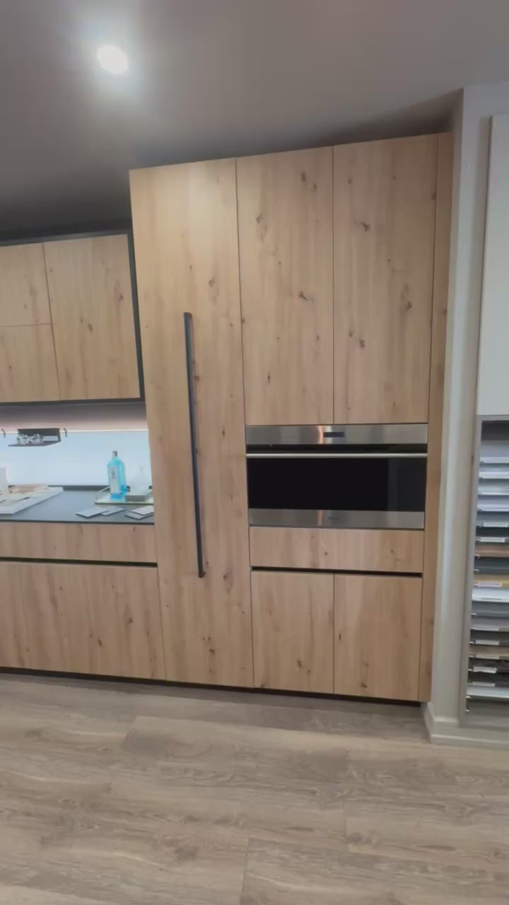 Load video: copatlife Modern Textured Wood Look Dry Bar with Wolf Microwave Oven