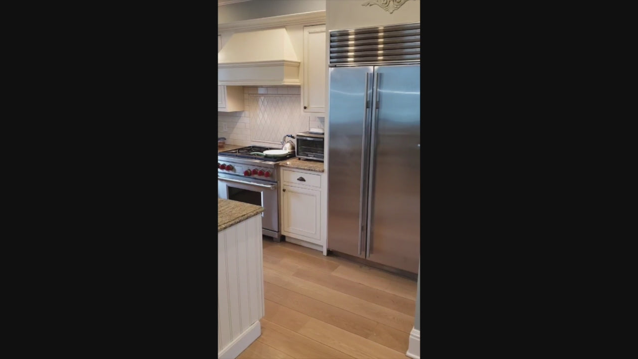 Load video: Omega Traditional Light Cream Kitchen with Island, Desk Area and Sub-Zero &amp; Wolf Range