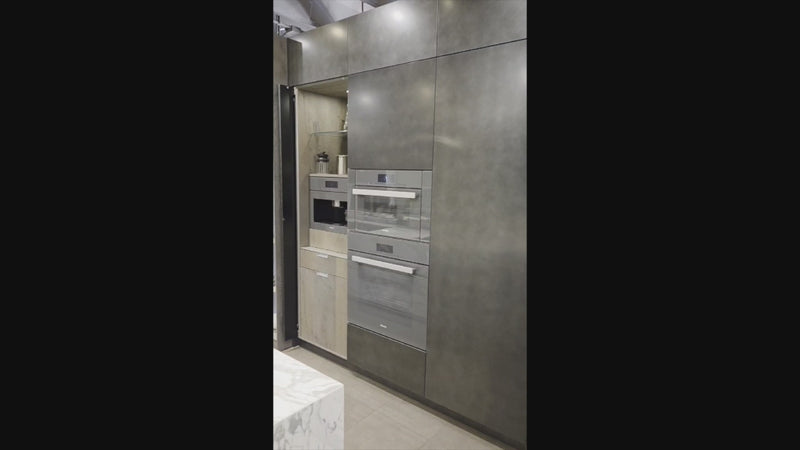 eggersmann Chablis Vintage Oak & Steel Grey Modern Kitchen with Arabescato Waterfall Island and Miele Appliance Suite