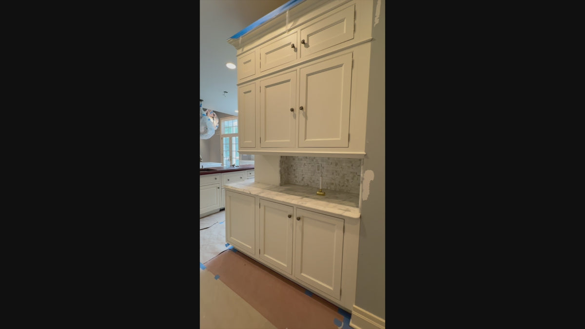Load video: The Clair transitional white solid wood kitchen cabinets with matching island