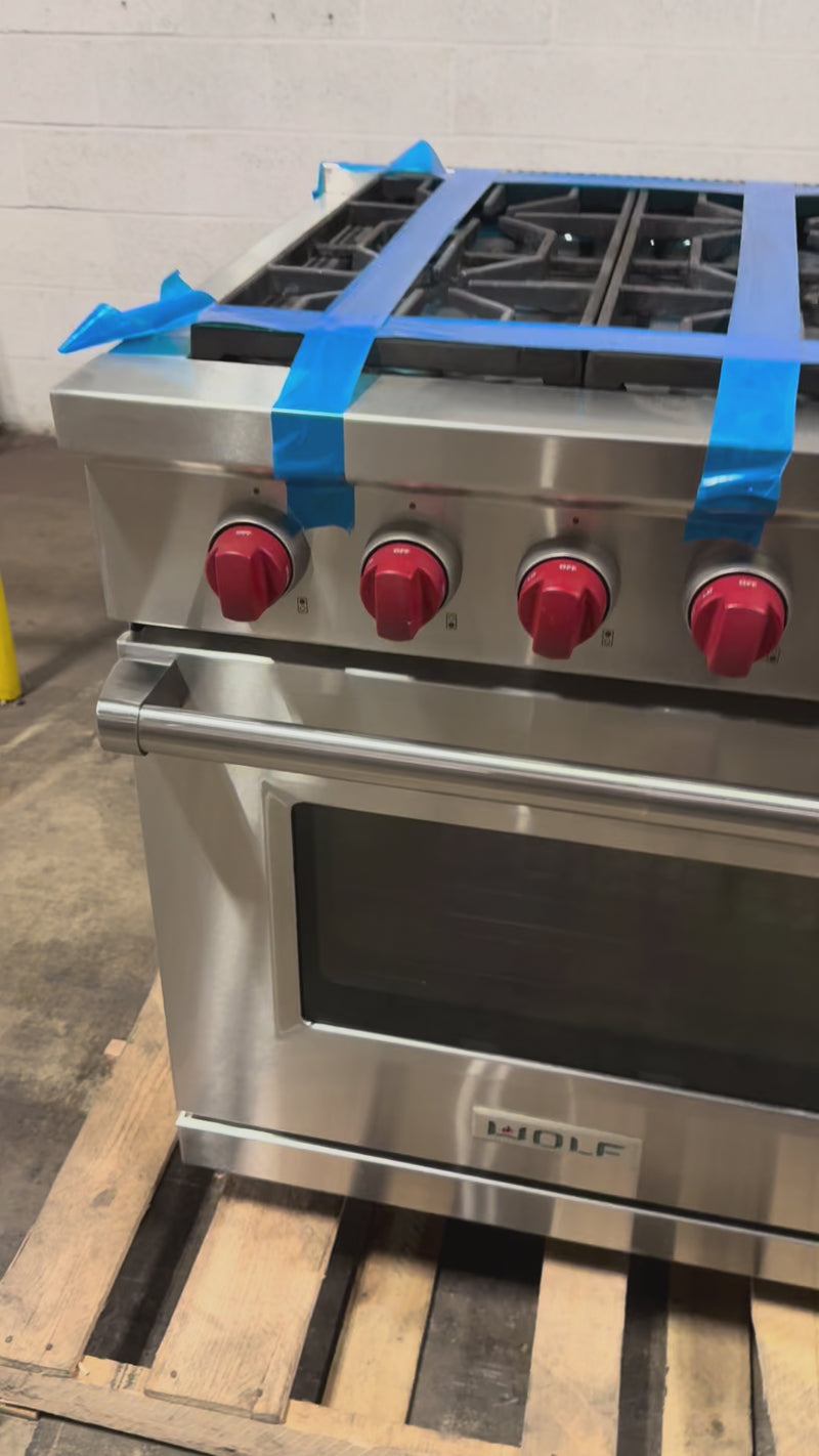 Wolf DF606CG LP 60 inch professional dual fuel range front view stainless steel 6 burners and grill