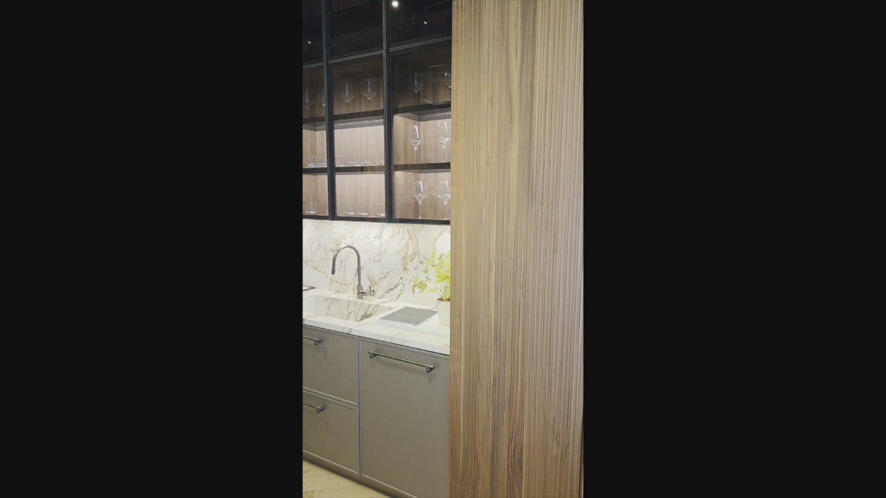 Load video: Key Cucine Modern Wood Veneered Kitchen with Neolith Island, Countertops and Appliances