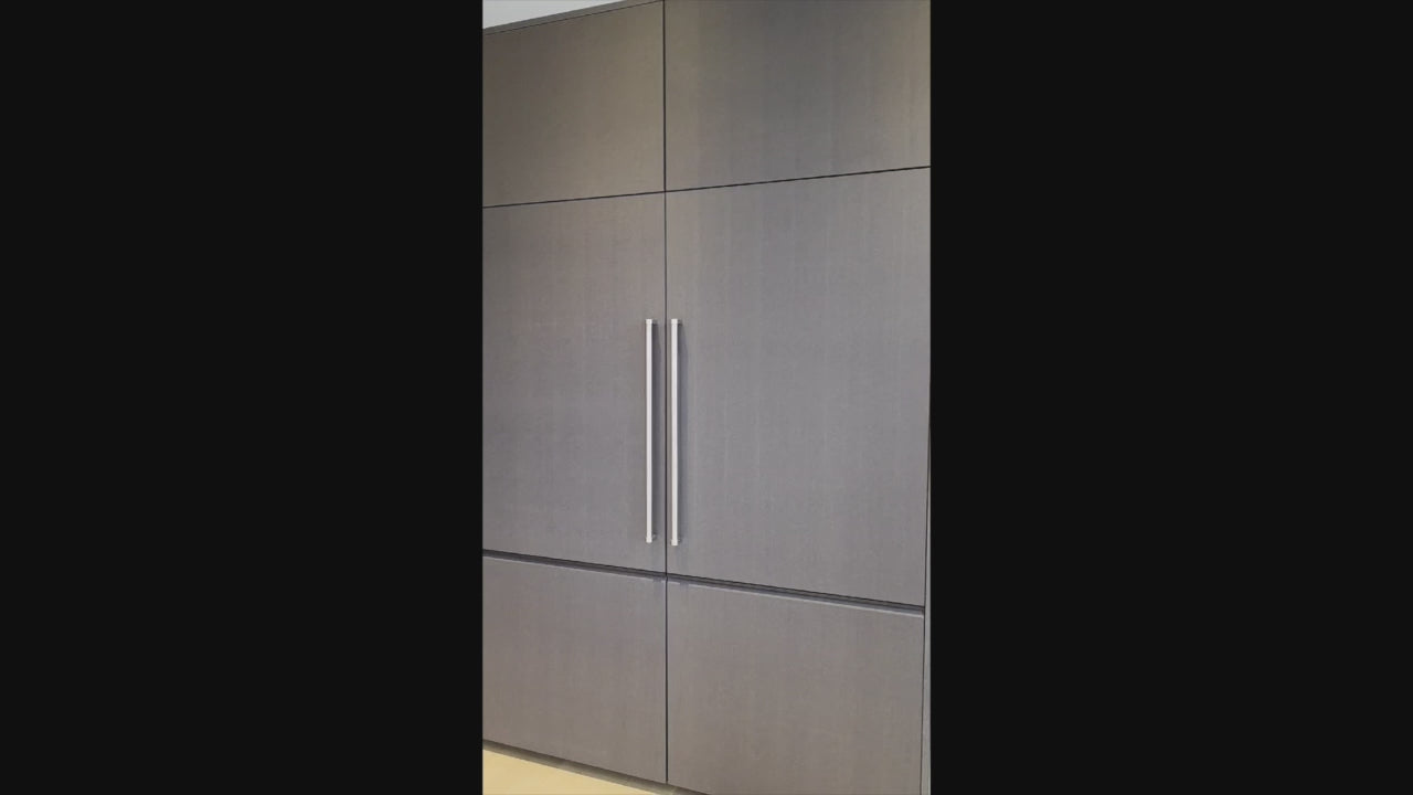 Load video: Custom Modern Wood Veneer Kitchen with White Marble Countertops and Wolf &amp; Miele Appliances