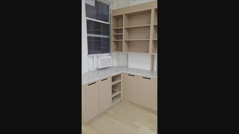 Flush inset painted custom pantry in cool grey and white