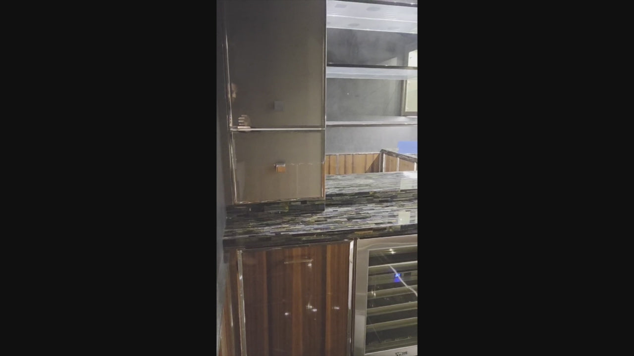 Load video: St. Charles Modern Metallic Glossy Veneer &amp; Polished Nickel Wet Bar with Stone Countertops &amp; True Residential Appliances