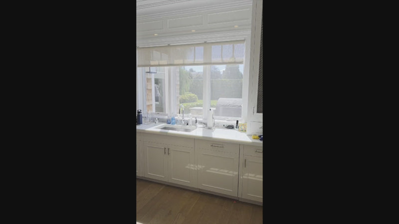Custom Transitional White Kitchen with Natural Wood Toned Island, Quartz and Granite Countertops, 60" Wolf Range and Appliances