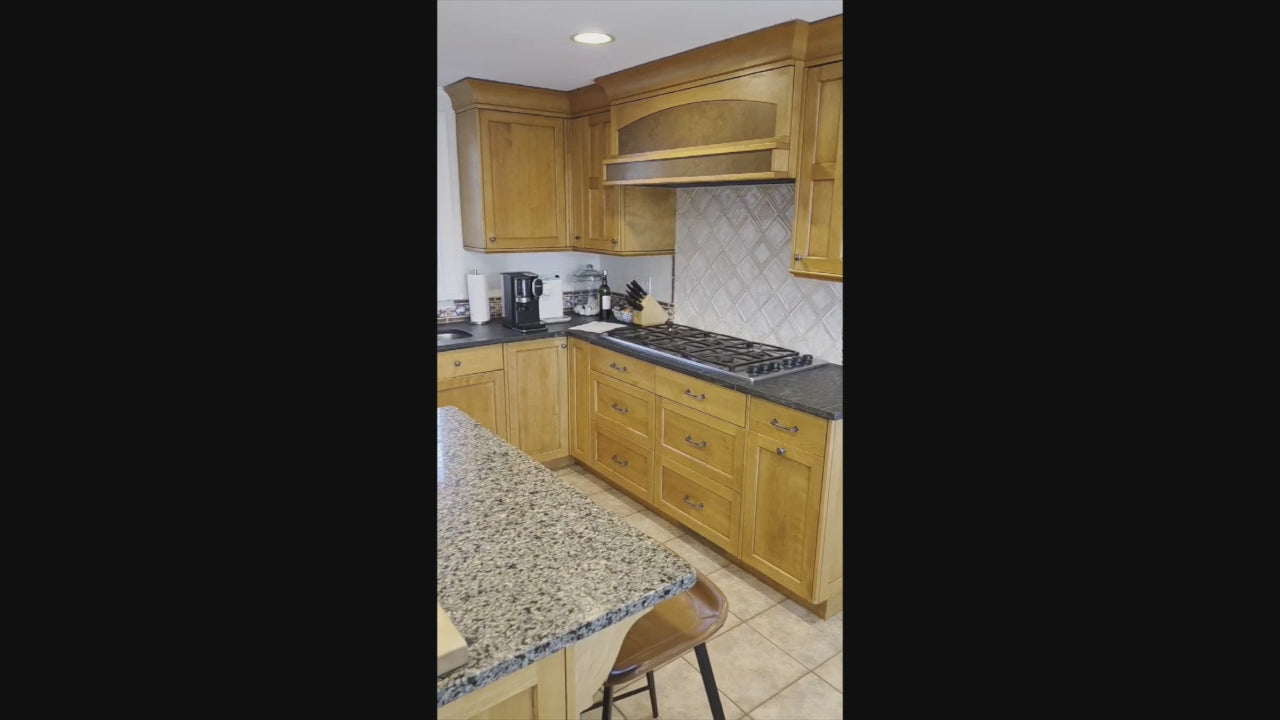 Load video: Custom Transitional Wooden Kitchen with Island, Granite Countertops and 48" Sub-Zero Refrigerator