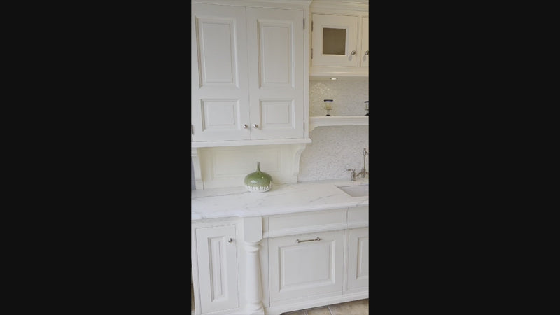Showcase Transitional White Kitchen with Marble Countertops and La Cornue Chateau 120 Range with French Top