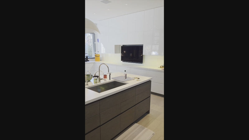 Custom Modern White Gloss Kitchen with Island, Stone Countertops and 60" Wolf Range