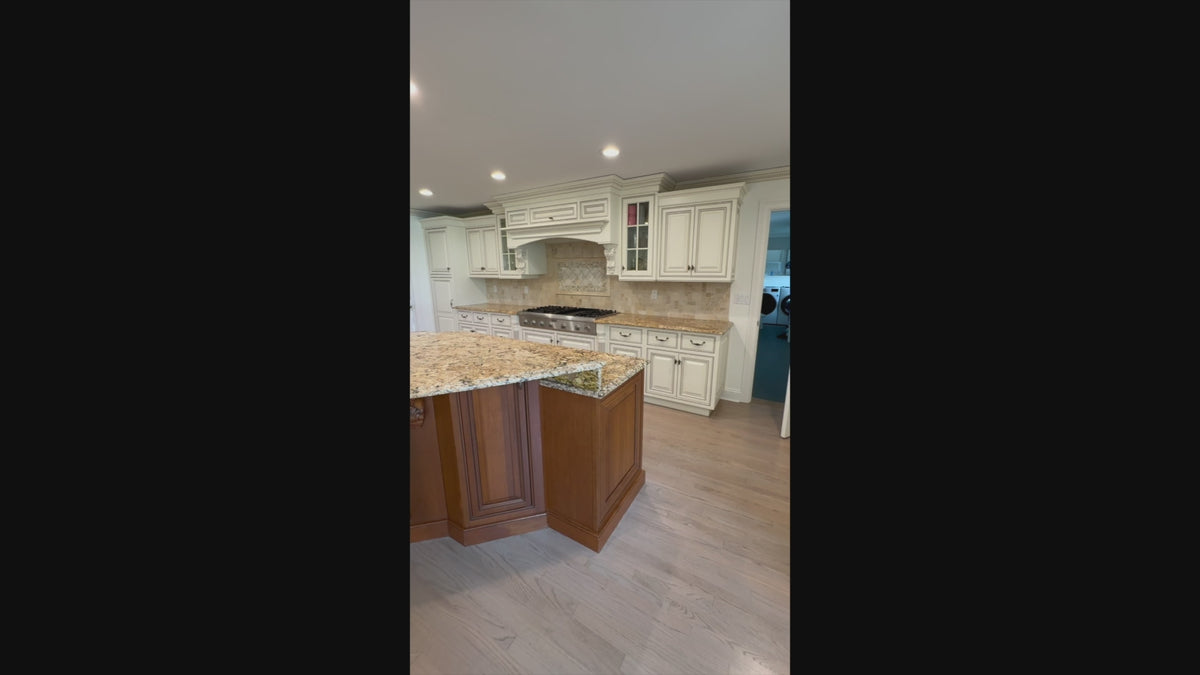 Load video: The Montacute traditional off white kitchen with natural wood central island