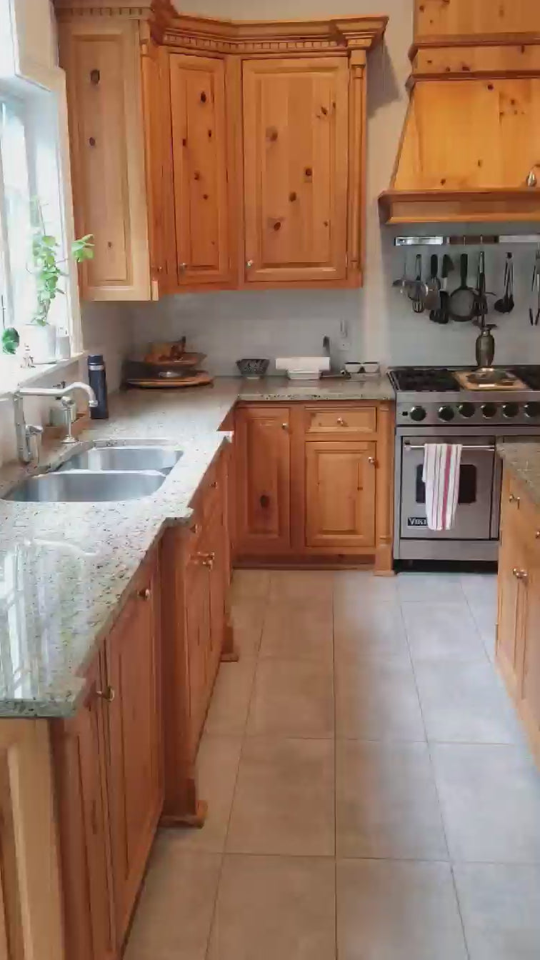 Load video: Custom Traditional Natural Wood Kitchen with Granite Countertops and Appliances