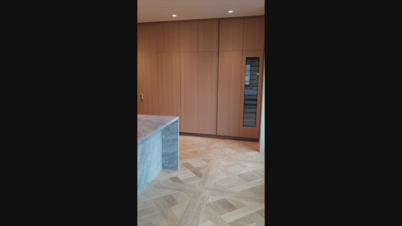 Load video: Molteni &amp; C Dada Modern White Oak Kitchen with Marble Countertops &amp; Gaggenau Appliances