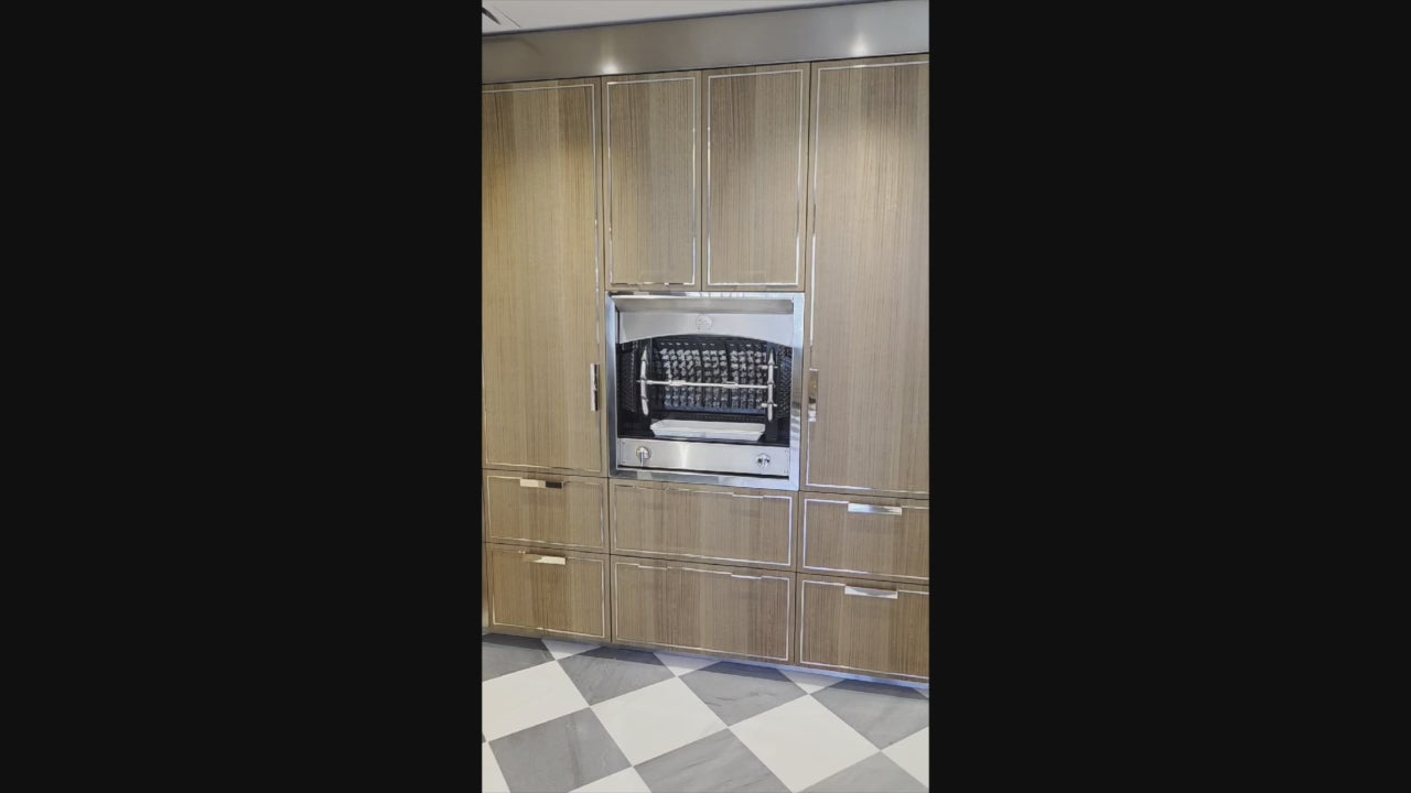 Load video: St. Charles Modern Eucalyptus and White Satin Sheen Kitchenette with La Cornue Flamberge Rotisserie